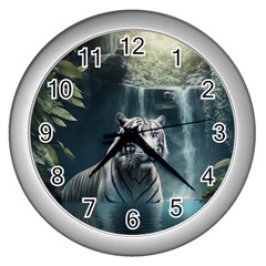 Tiger White Tiger Nature Forest Wall Clock (silver)