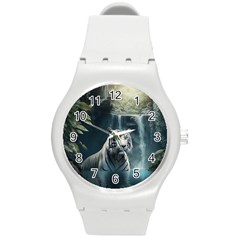 Tiger White Tiger Nature Forest Round Plastic Sport Watch (m) by Jancukart