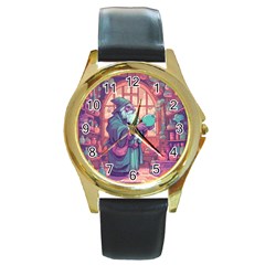 Fantasy Magic Magical Wizard Round Gold Metal Watch by Jancukart