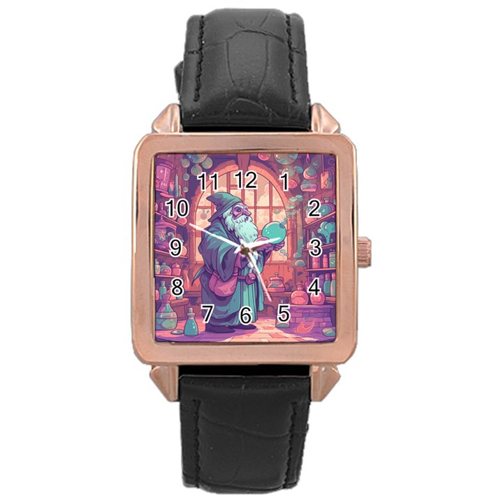 Fantasy Magic Magical Wizard Rose Gold Leather Watch 