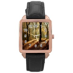 Autumn Nature Woodland Woods Trees Rose Gold Leather Watch  by Jancukart