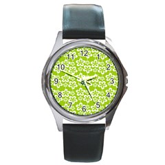 Lime Green Flowers Pattern Round Metal Watch by GardenOfOphir