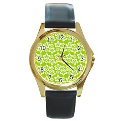 Lime Green Flowers Pattern Round Gold Metal Watch by GardenOfOphir