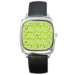 Lime Green Flowers Pattern Square Metal Watch by GardenOfOphir