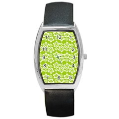 Lime Green Flowers Pattern Barrel Style Metal Watch by GardenOfOphir