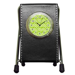 Lime Green Flowers Pattern Pen Holder Desk Clock by GardenOfOphir