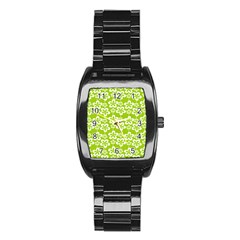 Lime Green Flowers Pattern Stainless Steel Barrel Watch by GardenOfOphir