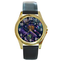 Ai Generated Succulents Flowers Round Gold Metal Watch by Semog4