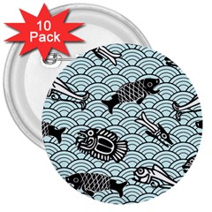 Fish Koi Ocean Sea Oriental Waves 3  Buttons (10 Pack)  by Semog4