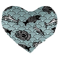 Fish Koi Ocean Sea Oriental Waves Large 19  Premium Flano Heart Shape Cushions by Semog4