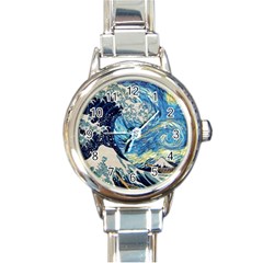 Starry Night Hokusai Vincent Van Gogh The Great Wave Off Kanagawa Round Italian Charm Watch by Semog4