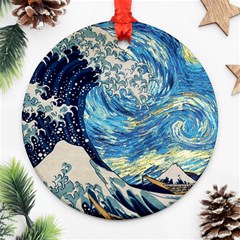 Starry Night Hokusai Vincent Van Gogh The Great Wave Off Kanagawa Ornament (round) by Semog4