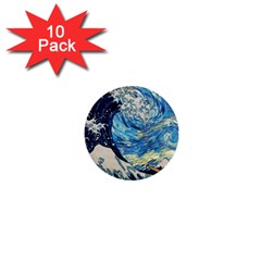 Starry Night Hokusai Vincent Van Gogh The Great Wave Off Kanagawa 1  Mini Buttons (10 Pack)  by Semog4