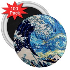 Starry Night Hokusai Vincent Van Gogh The Great Wave Off Kanagawa 3  Magnets (100 Pack) by Semog4