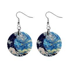 Starry Night Hokusai Vincent Van Gogh The Great Wave Off Kanagawa Mini Button Earrings by Semog4