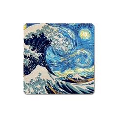 Starry Night Hokusai Vincent Van Gogh The Great Wave Off Kanagawa Square Magnet by Semog4