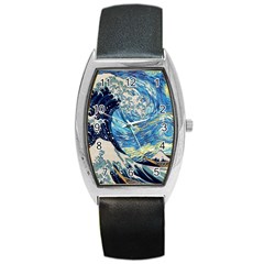 Starry Night Hokusai Vincent Van Gogh The Great Wave Off Kanagawa Barrel Style Metal Watch by Semog4