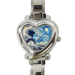 Starry Night Hokusai Vincent Van Gogh The Great Wave Off Kanagawa Heart Italian Charm Watch by Semog4