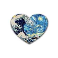 Starry Night Hokusai Vincent Van Gogh The Great Wave Off Kanagawa Rubber Heart Coaster (4 Pack) by Semog4