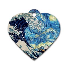 Starry Night Hokusai Vincent Van Gogh The Great Wave Off Kanagawa Dog Tag Heart (one Side) by Semog4