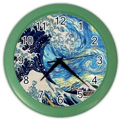 Starry Night Hokusai Vincent Van Gogh The Great Wave Off Kanagawa Color Wall Clock by Semog4