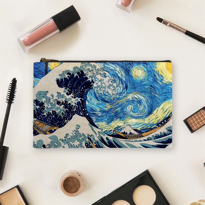 Starry Night Hokusai Vincent Van Gogh The Great Wave Off Kanagawa Cosmetic Bag (Medium)