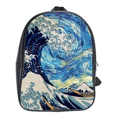 Starry Night Hokusai Vincent Van Gogh The Great Wave Off Kanagawa School Bag (large) by Semog4