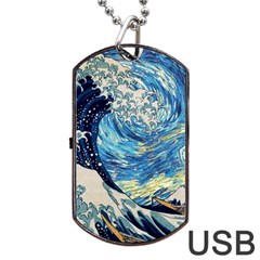 Starry Night Hokusai Vincent Van Gogh The Great Wave Off Kanagawa Dog Tag Usb Flash (one Side) by Semog4