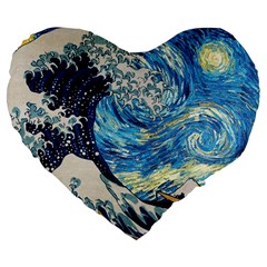 Starry Night Hokusai Vincent Van Gogh The Great Wave Off Kanagawa Large 19  Premium Heart Shape Cushions by Semog4