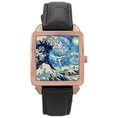 Starry Night Hokusai Vincent Van Gogh The Great Wave Off Kanagawa Rose Gold Leather Watch  by Semog4