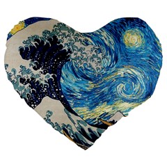 Starry Night Hokusai Vincent Van Gogh The Great Wave Off Kanagawa Large 19  Premium Flano Heart Shape Cushions by Semog4