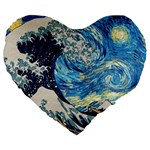 Starry Night Hokusai Vincent Van Gogh The Great Wave Off Kanagawa Large 19  Premium Flano Heart Shape Cushions Front