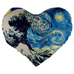 Starry Night Hokusai Vincent Van Gogh The Great Wave Off Kanagawa Large 19  Premium Flano Heart Shape Cushions Back