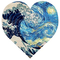 Starry Night Hokusai Vincent Van Gogh The Great Wave Off Kanagawa Wooden Puzzle Heart by Semog4