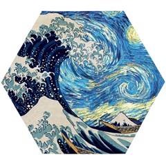 Starry Night Hokusai Vincent Van Gogh The Great Wave Off Kanagawa Wooden Puzzle Hexagon by Semog4