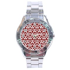 Red Pretzel Illustrations Pattern Stainless Steel Analogue Watch by GardenOfOphir