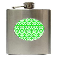 Neon Green Pretzel Illustrations Pattern Hip Flask (6 Oz) by GardenOfOphir