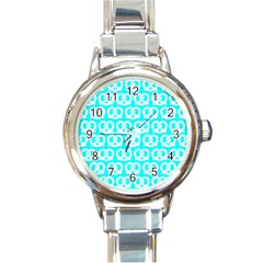 Aqua Pretzel Illustrations Pattern Round Italian Charm Watch by GardenOfOphir