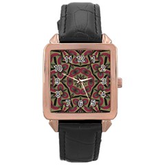 Mandala Rosette Pattern Kaleidoscope Abstract Rose Gold Leather Watch 