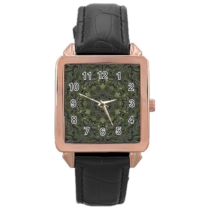 Mandala Rosette Kaleidoscope Floral Background Rose Gold Leather Watch 