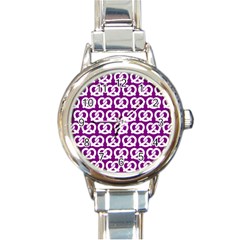 Purple Pretzel Illustrations Pattern Round Italian Charm Watch by GardenOfOphir