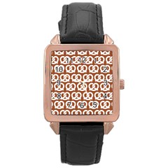 Brown Pretzel Illustrations Pattern Rose Gold Leather Watch  by GardenOfOphir