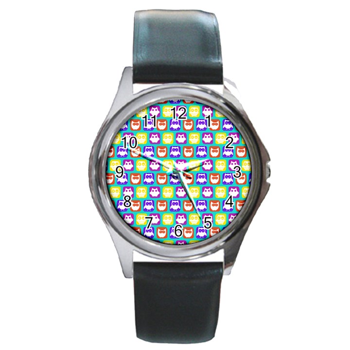 Colorful Whimsical Owl Pattern Round Metal Watch