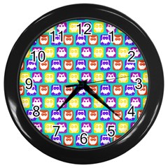 Colorful Whimsical Owl Pattern Wall Clock (black) by GardenOfOphir