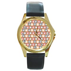 Colorful Whimsical Owl Pattern Round Gold Metal Watch by GardenOfOphir