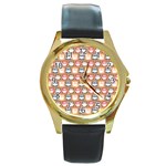 Colorful Whimsical Owl Pattern Round Gold Metal Watch Front