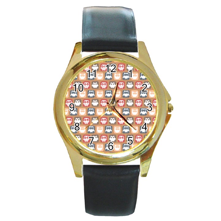 Colorful Whimsical Owl Pattern Round Gold Metal Watch