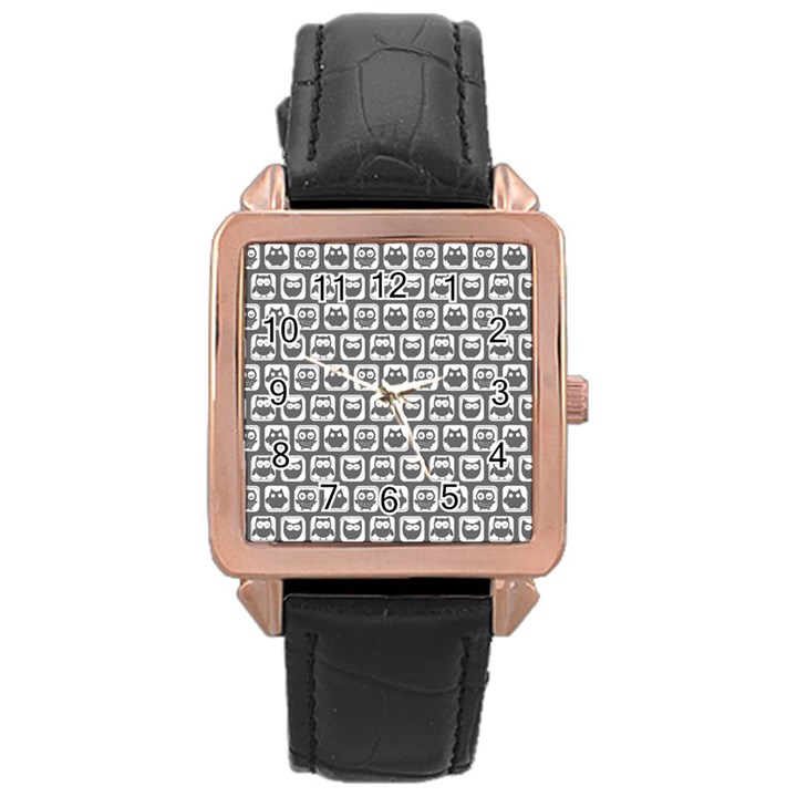 Gray And White Owl Pattern Rose Gold Leather Watch 