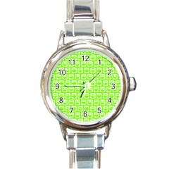 Lime Green And White Owl Pattern Round Italian Charm Watch by GardenOfOphir