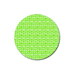 Lime Green And White Owl Pattern Rubber Round Coaster (4 Pack) by GardenOfOphir